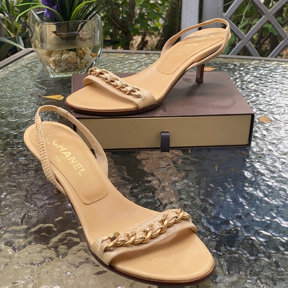 CHANEL Shoes - Chanel Tan Beige Chain Slingback Heels